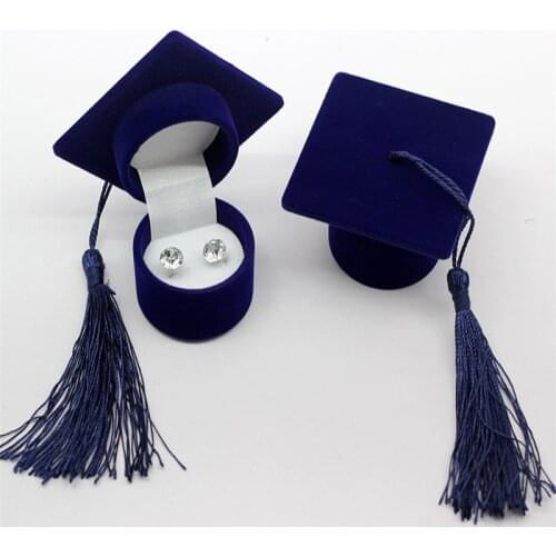 Novel Box Flocked Velvet Cap Ring/Earring Box Graduation Gift Class Of 2021 Hat Design Box Storage Case with Tassels 60*60*39mm