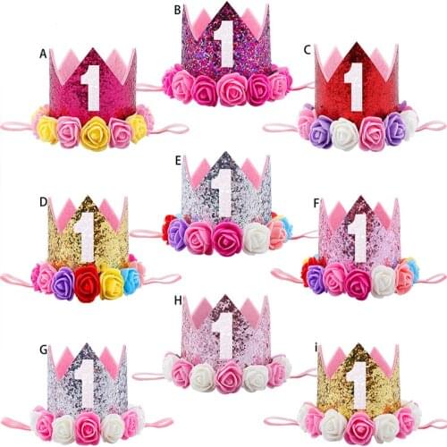 Oaoleer Cute Baby 1 Year Old Headbands Lovely Glitter Crown Flower Hair Bands For Baby Girls Newborn Birthday Hair Accessories