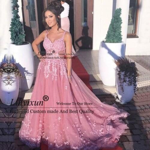 Dusty Rose Pink Illusion Long Prom Dresses Lace Applique A-Line Tulle Evening Party Dress Sexy Backless Formal Evening Gowns
