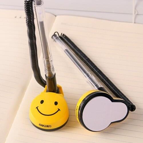 2Pcs Yellow Smile Face Counter Sticky Table Pen Any Angle Rotatable Pen Gel Ink Signature Spring Rope Pen Office Black Ink 6793