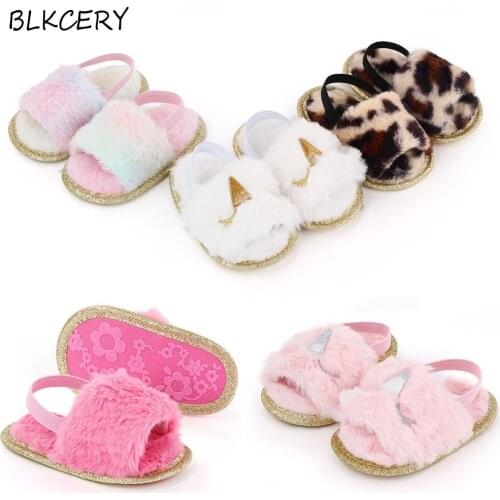 Newborn Baby Sandalet Fashion Faux Fur Toddler Pink Shoes for Summer Sandles Infant Slippers Princess Girls Flats Shower Gifts