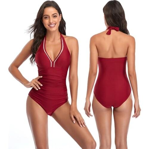 Sexy One Piece Swimsuit 2021 New Women Solid Halter Swimwear High Cut Bathing Suit Monokini V-neck Push Up Padded Bra Bikini