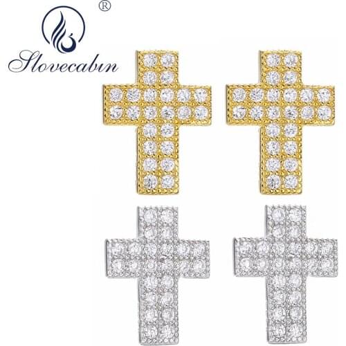 Slovecabin 925 Sterling Silver Unique Gold Cross Stud Earrings Japan Men Top Quality Clear Crystals CZ Clear Jewelry Women Gift