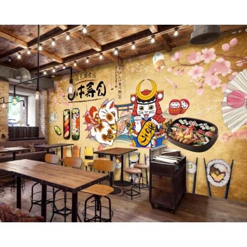 Japanese Sushi Restaurant Wallpaper Custom Food Restaurant 3D Mural Japanese Sushi Restaurant Lucky Cat Mural
