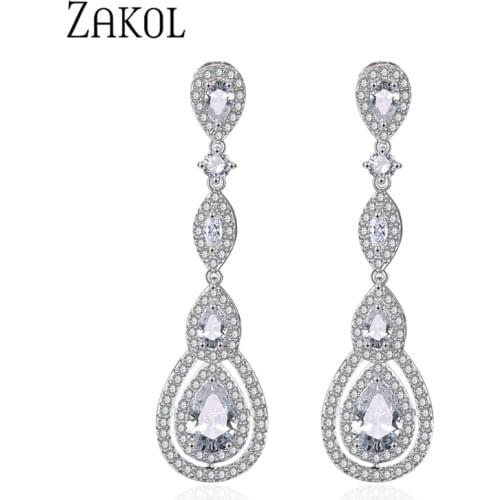 ZAKOL Luxury Water Drop Pear Cubic Zircon Long Dangles Elegant Earrings for Women Bridal Wedding Jewelry Dress FSEP2114