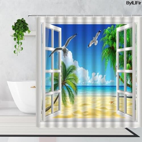 European Style 3D Architectural Landscape Waterproof Shower Curtain Window Lavender Background Bathroom Decoration Bath Curtains