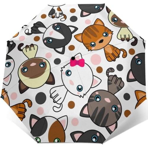 Automatic Umbrella Rain Women Three-folding Umbrella Black White Grey Brown Cat Windproof Umbrella Female Waterproof parasol