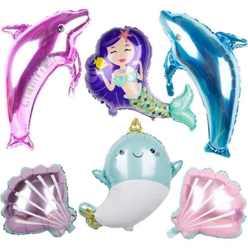 6 PCS Mermaid/Under The Sea Party Supplies Large Foil Sea Creature Balloons, Aluminum Mylar Dolphin/Narwhal/Shell/Mermaid Balloo