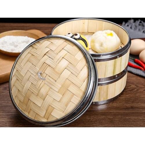 Bamboo Food Steamer with Stainless Steel Banding No Lid Bun Steaming Basket Dumplings Dim Sum Cage Cooker Kitchen Gadget