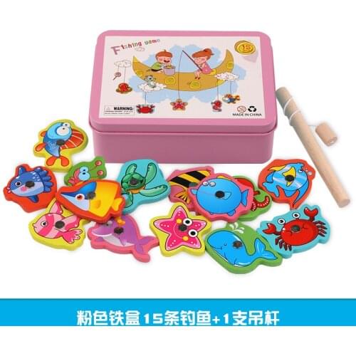 Fishing game Wooden block toy iron box magnetic 15 the fishing parent-children interaction Early education helps the mind toy