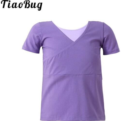 Kids Girl Leotard Dance Top Wrapped V Neck Ballet Dance Tank Top Short Sleeve Blouse Top for Ballet Gymnastics Dancewear