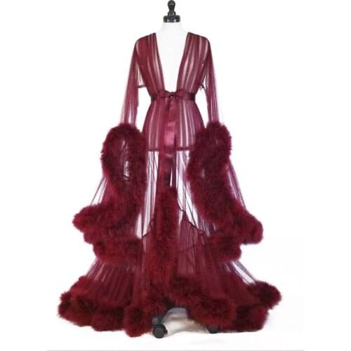 Custom Burgundy Formal Long Women V Neck Full Sleeves Ruched Organza Evening Dresses 2021 Sexy Transparent Gowns Party Underwear