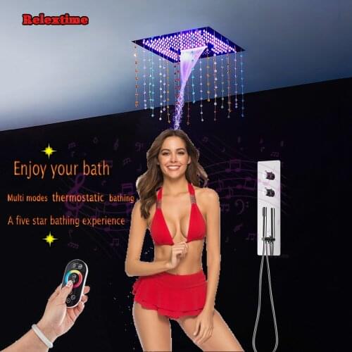 Crystal Quartz Bluetooth Music Ceiling Shower Head Bathroom Shower Set Faucet Thermostatic Concealed Mixer Shower Speaker System