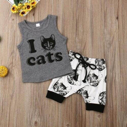 Children Summer Clothing Infant Kid Baby Boy Clothes 2020 0-24M Animal Sleeveless Tank Shirt+Shorts Pants Cats Print Outfits Set