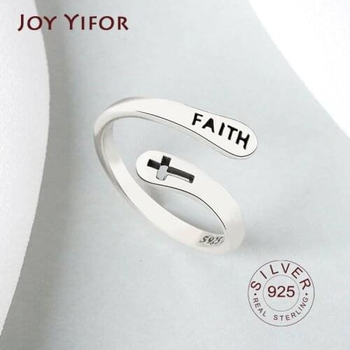 Real 925 Sterling Silver Rings For Women vintage Faith Cross Letters Round Engagement Rings Silver 925 Jewelry Anillos Mujer
