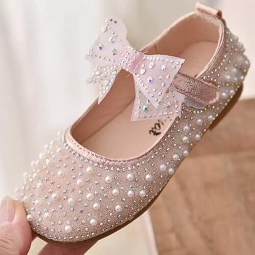 New Spring Autumn New Girls Single Princess Shoes Pearl Shallow Childrens Flat Shoes Kid Baby Bowknot Shoes