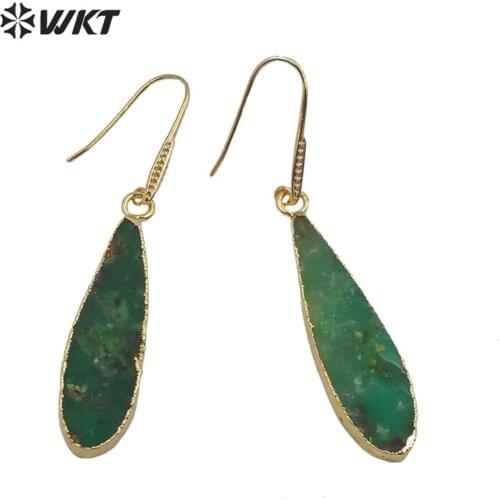 WT-E611 Wholesale natural stone long pear shape teardrop earrings pink quartz and chrysoprase stone earrings as gift earrings