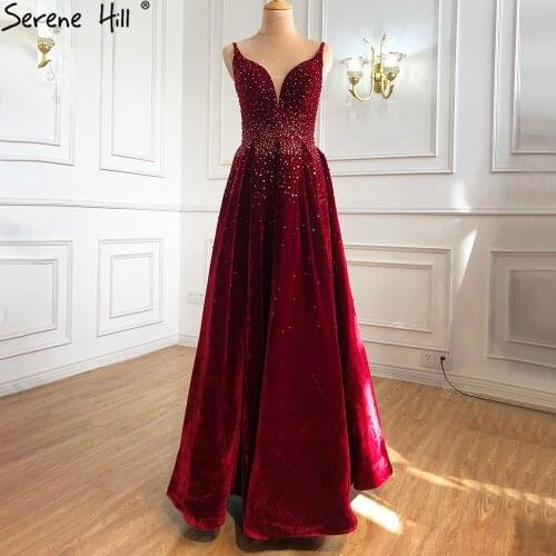 Serene Hill Wine Red Velvet Luxury Evening Dresses Gowns 2021 A-Line Beading Sexy For Women Party LA70956