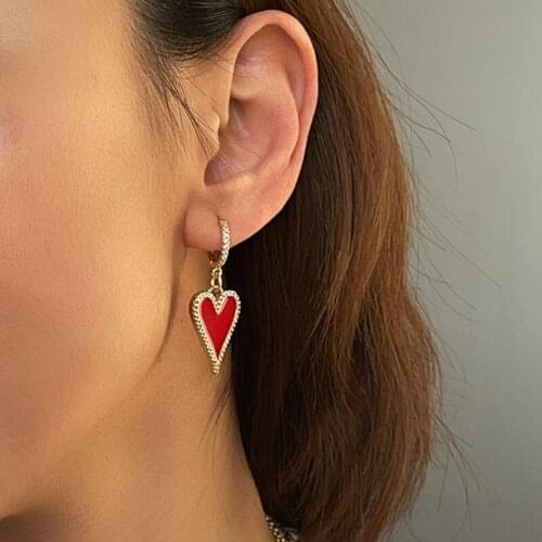 U-Magical French Red Color Metallic Love Heart Hoop Earring for Women Bling Bling Rhinestone Gold Earring Jewelry Accessories
