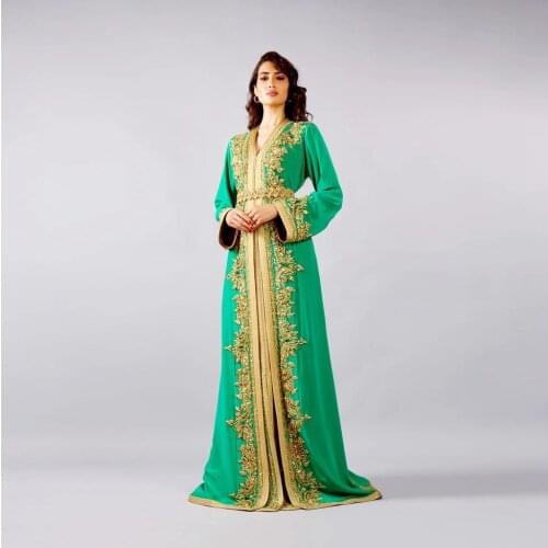 Green Elegant Moroccan Caftan Evening Dress Muslim Dubai Summer Dress With Applique Long Sleeves Prom Dress Plus Size