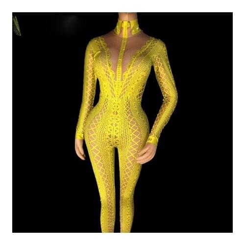 Yellow Black White Printed Rhinestones Jumpsuit Stretch One Piece Nightclub Singer Dancer Womens Party Wear Sexy Bodysuit