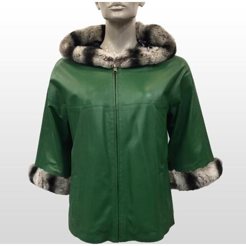 Womens Genuine Leather Green Jacket Real Sheepskin Rex Fur Hooded Cuff Casual Double Sided Coat New Fashion Elegant Outerwear