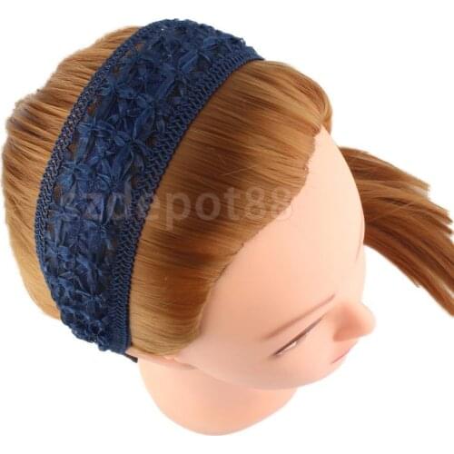 Women Retro Hollow Lace Hair Band Wide Head Wraps Hair Accessories - Blue