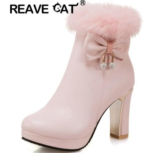 REAVE CAT Women New 2021 Ankle Boots Round Toe 8.5cm Block Heels Zip Bowtie Fur Bling Sweet Big Size 31-45 Casual Spring A3704