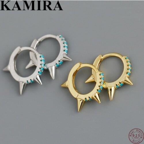 KAMIRA 925 Sterling Silver Bohemian Blue Zircon Rivet Spiket Circle Stud Earrings for Women Teen Party Vintage Charm Jewelry Hot