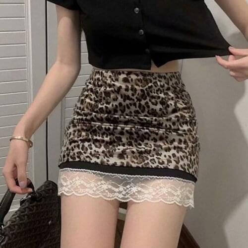 Women Vintage Leopard Print Patchwork Lace Edge Summer Mini Skirts Sweet Lady High Waist Skirt Sexy Girl 2020 Short Skirts Chic