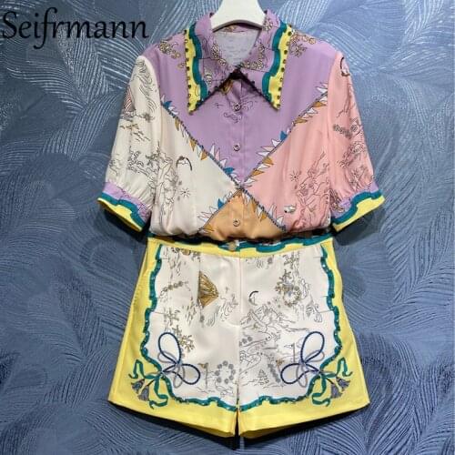 Seifrmann New 2021 Summer Women Fashion Runway Shorts Set Lantern Sleeve Single Breasted Loose Blouses + High Waist Shorts Suits