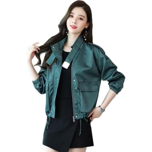 Womens Leather Coat Short Jacket 2020 Autumn Stand Collar Thin Loose Large Size Soft PU LeatherJacket Female Windbreaker H37