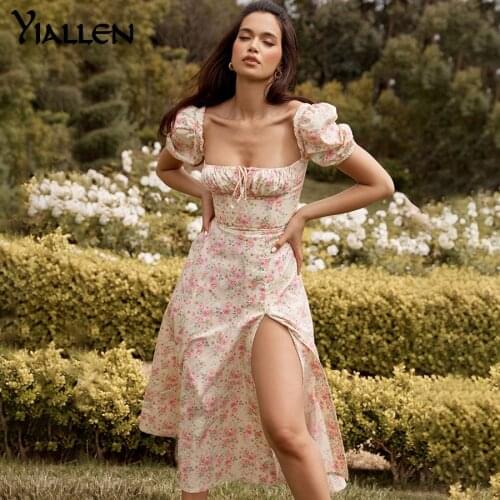 Yiallen French Romance Retro Low Cut Vacation Dresses Women Casual Floral Print Lace Up Puff Sleeve Side Slit Midi Dress Lady
