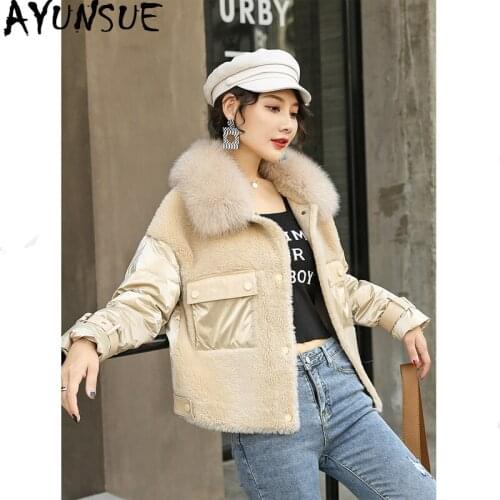 AYUNSUE 2020 Real Fur Coat Female Lamb Fur Down Jacket Winter Coat Women Real Fox Fur Collar 100% Wool Coat Manteau Femme B8907