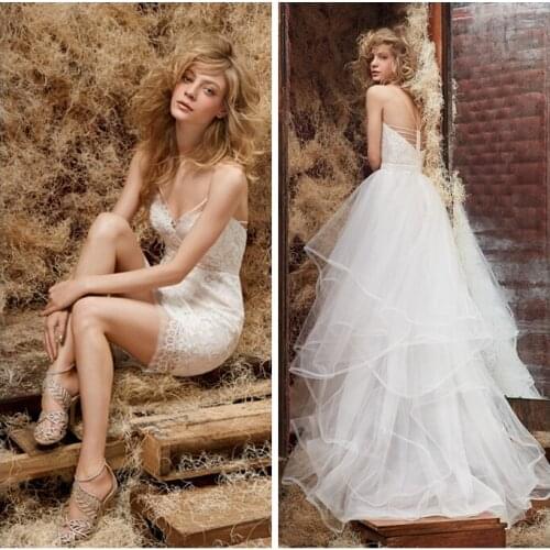 Spaghetti straps sexy backless v-neck 2018 vestido de noiva appliques lace bridal gown with detachable skirt bridesmaid dresses