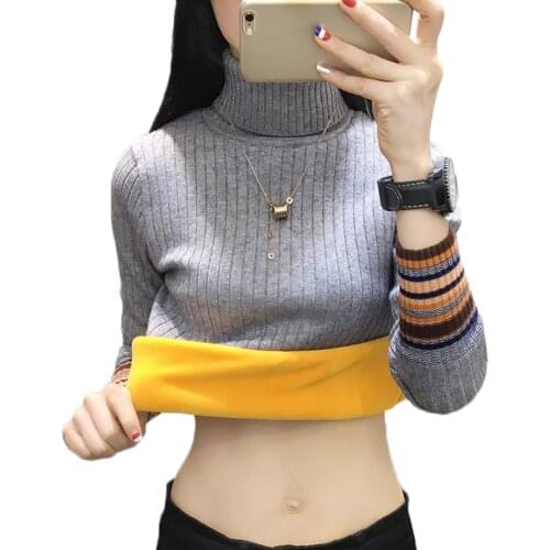 Winter Turtleneck Sweater Pullover Women New Plus Velvet Warm Slim Pull Knit Bottoming Shirt Long-sleeved Sweater Jumper Female