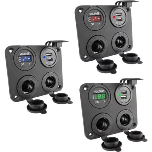 12-24V Dual USB Outlet Volt Power Outlet 4 in 1 with LED Voltage Display Lighter Socket Switch Panel for Car Boat