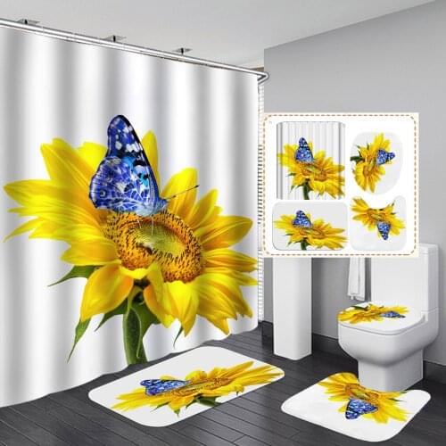 4pcs Sunflower Bathroom Shower Curtain Sets With Hooks Waterproof Toilet Cover Mat Non-Slip Floor Mat Rug Bathroom Set