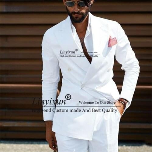 White Men Suits Slim Fit Double Breasted Wedding Tuxedo for Groom 2 Piece Casual Style Male Fashion Costume Homme (Jacket+Pants)