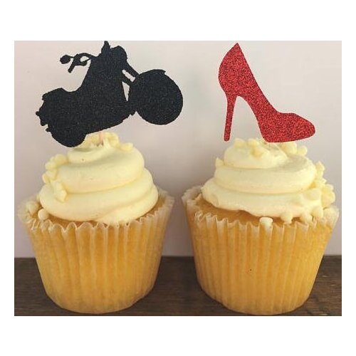 Glitter Wheels or Heels Gender Reveal cupcake toppers birthday baby shower baptism doughnut food treats picks party decorations