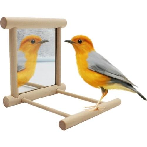 Bird Mirror with Perch Wooden Interactive Hanging Play Toy for Parrot Budgie Parakeet Cockatiels Conure Finch Lovebird