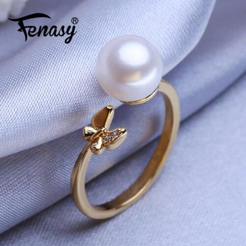 FENASY Natural Freshwater Pearl Rings For Women Bohemian Adjustable Gold Color Butterfly Ring Female Party Wedding Jewelry