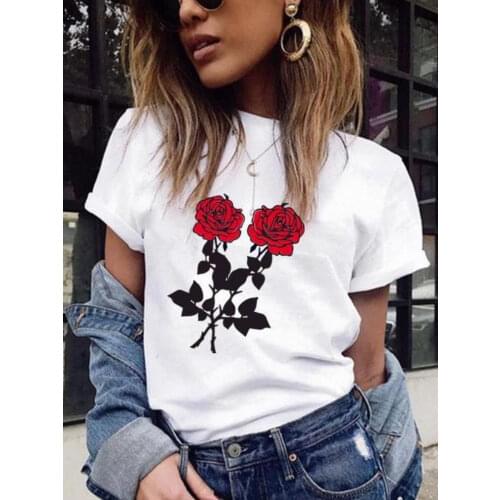 Fashion Red Rose Print T Shirt Women Short Sleeve O Neck Loose Tshirt Women Summer Tee Shirt Tops Clothes Camisetas Mujer