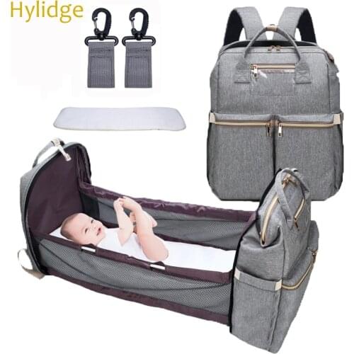 Hylidge Crib Design Waterproof Mummy Bag Wetbag for Diaper Bag Folding Travel Baby Bed Backpack Stroller Organizer Bag with Hook