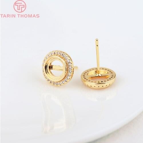 4PCS 11MM 24K Gold Color Brass with Zircon Round Stud Earrings High Quality Jewelry Making Findings Accessories