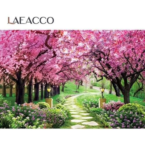 Laeacco Spring Garden Pink Flower Tree Path Scenic Photocall Photography Background Vinyl Photographic Backdrop For Photo Studio