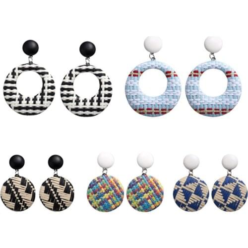 Fashion Weave Straw Earrings Geometric Wicker Rattan Handmade Boho Dangle Drop Earring Statement Stud Earring for Women Girls