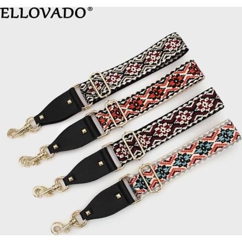 2021 New Embroidered Adjustable Fabric Wide Shoulder Strap Ethnic Style Webbing Bag Strap Stud Leather Punk Bag Accessories