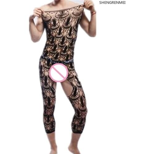 SHENGRENMEI Sexy Mens Open Crotch Nightwear for Adult Male Underwear Plus Size Man Stockings Lace Flower Gay Fishnet Bodysuit