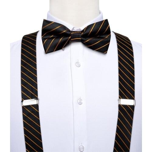 Real Leather 6 Clips Mens Suspenders Braces Luxury Wedding Party Silk Elastic Suspenders Bow Tie Set Trousers Strap DiBanGu